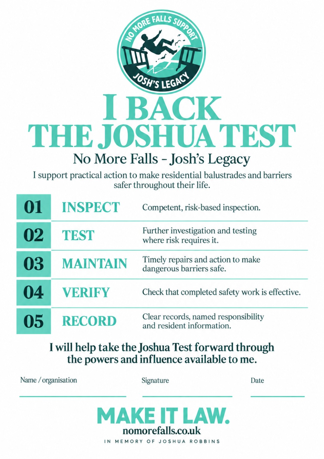 I Back The Joshua Test pledge asking candidates to support inspection, testing, maintenance, verification and recording of residential balustrades and barriers